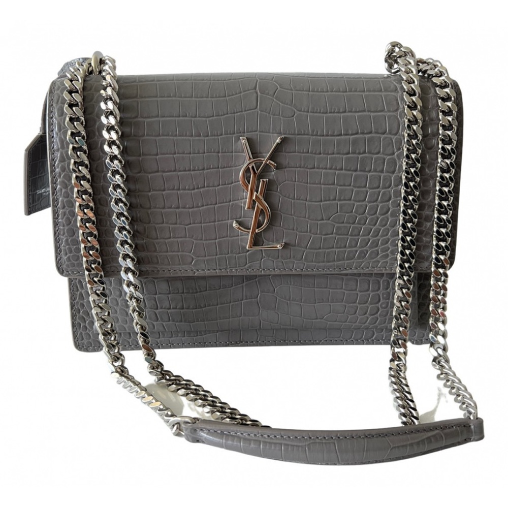 Saint Laurent YSL Grey Croc Medium Leather Sunset Bag